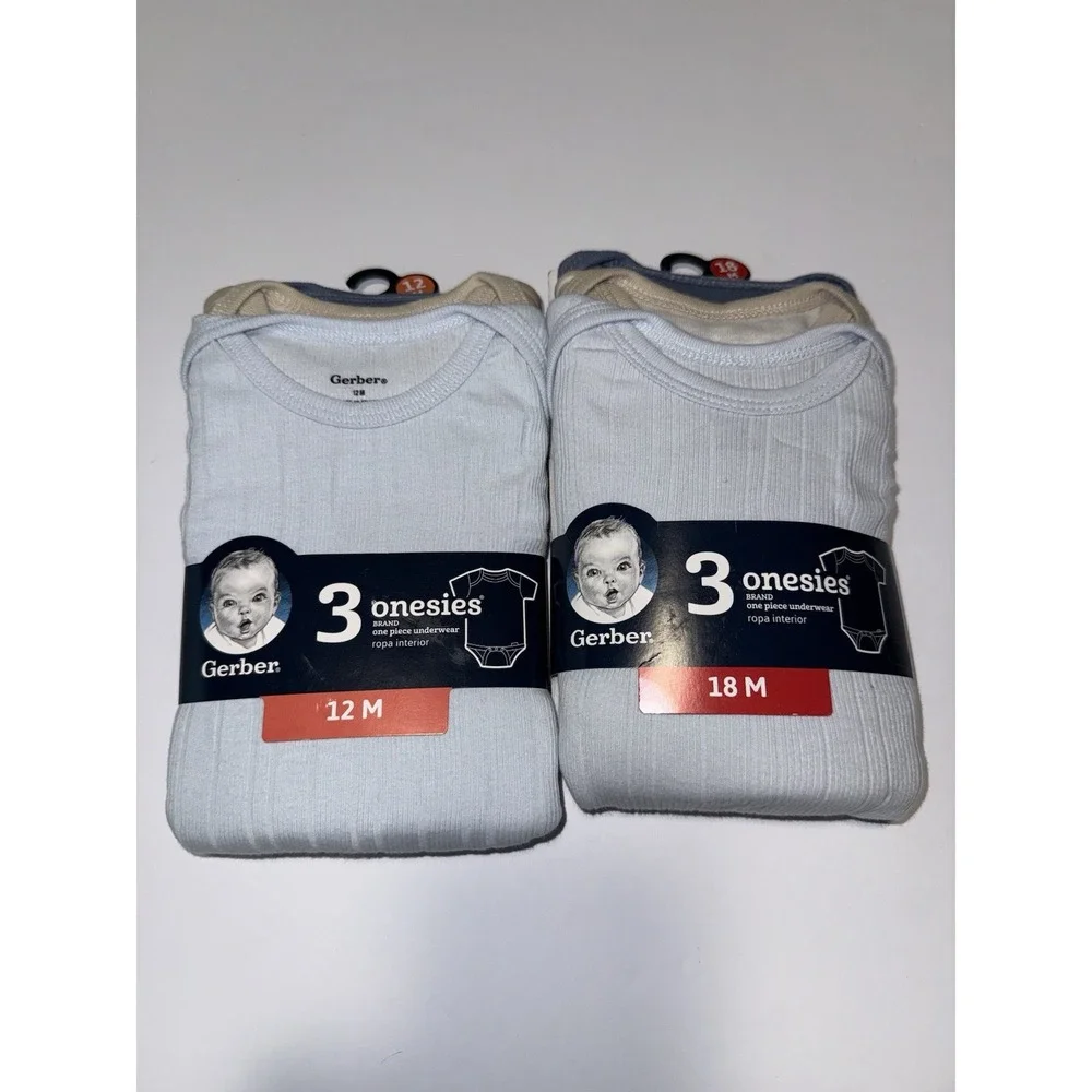 Gerber Baby 6 Onesies Ribbed Bodysuits Blue Beige 12M 18M Cotton Shower Bday NIP